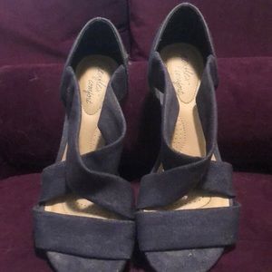 Navy and tan strapped platform heels